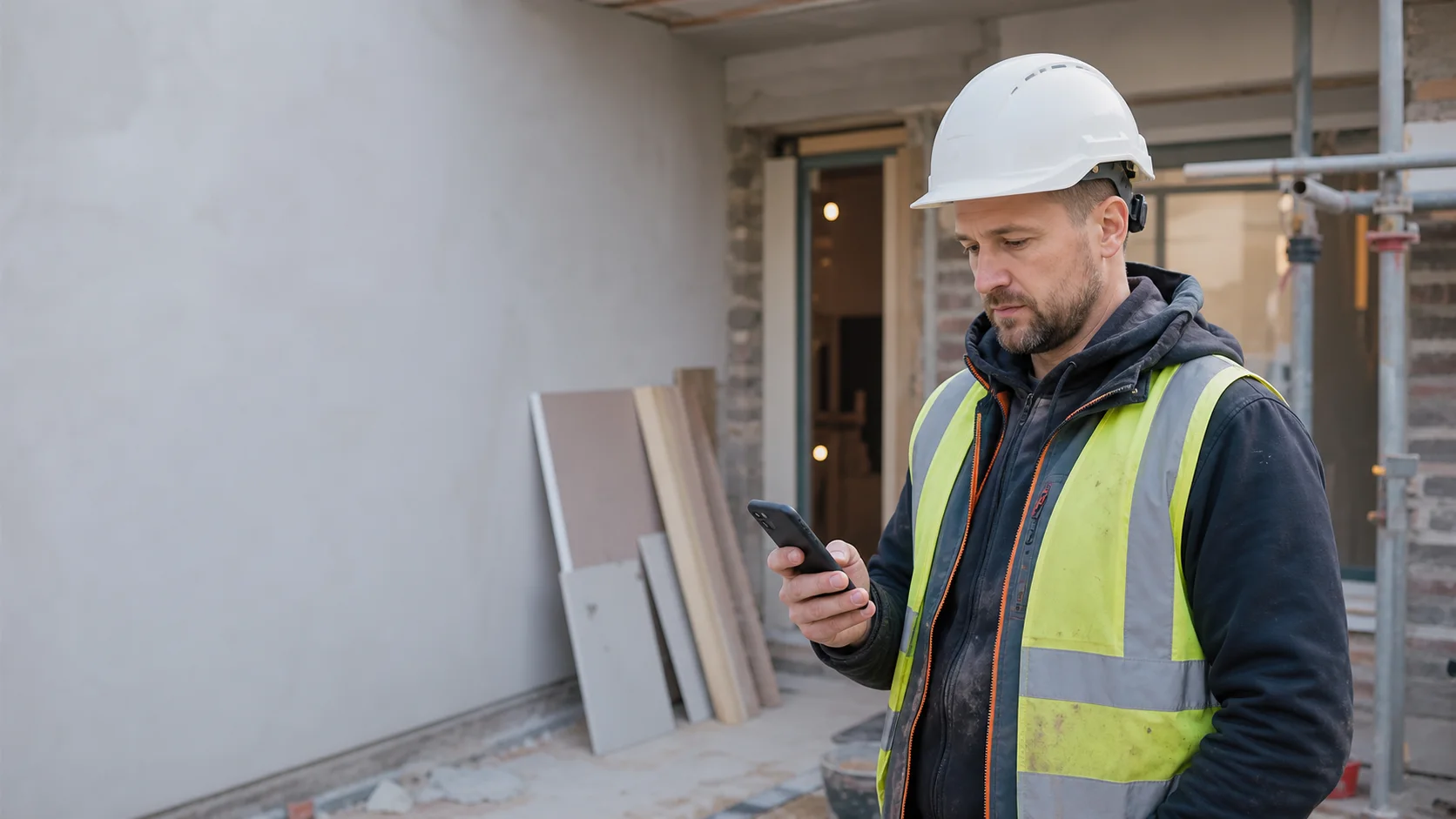 Pracovník na stavbě kontroluje materiál a sklad v mobilu