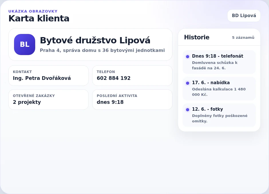 Karta klienta Bytové družstvo Lipová v Metric CRM s kontaktem, telefonem a historií komunikace