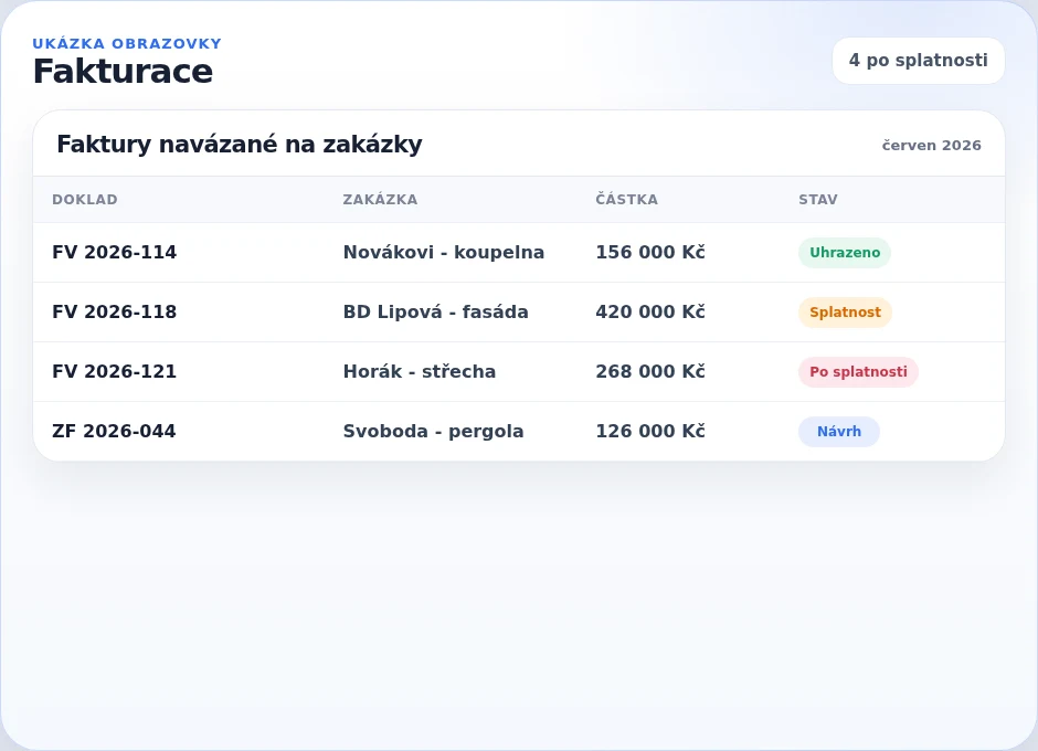 Přehled faktur v Metric ERP navázaných na zakázky s částkou a stavem úhrady